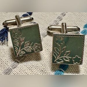 Silver tone square etched cuff links. Floral design. Vintage